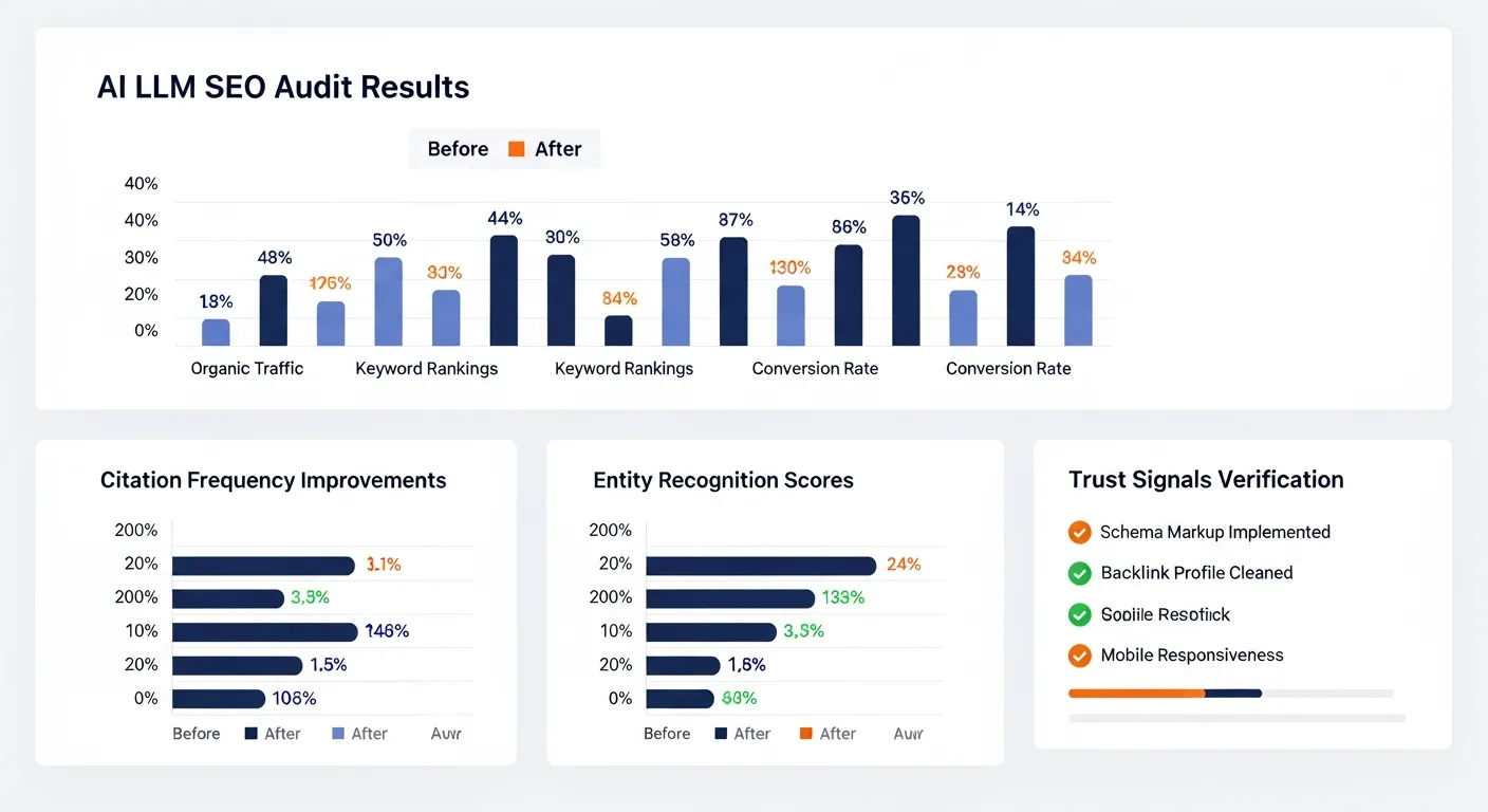 AI LLM SEO audit results dashboard showing before and after improvements in AI citation frequency and entity recognition scores