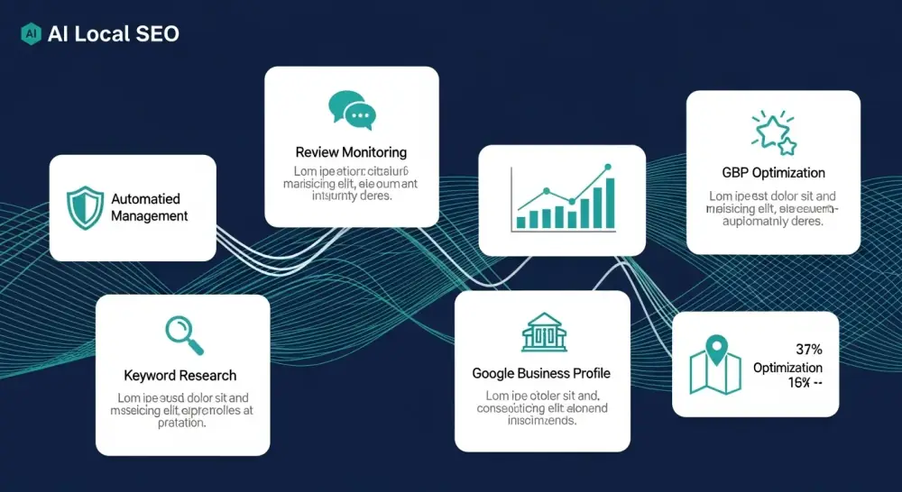 AI local SEO company services overview showing automated citation management, review monitoring, and keyword research capabilities