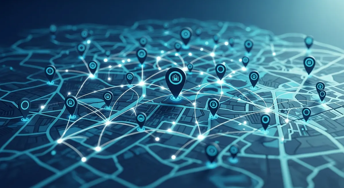 AI local SEO map showing business locations with AI-powered search signals and ranking factors