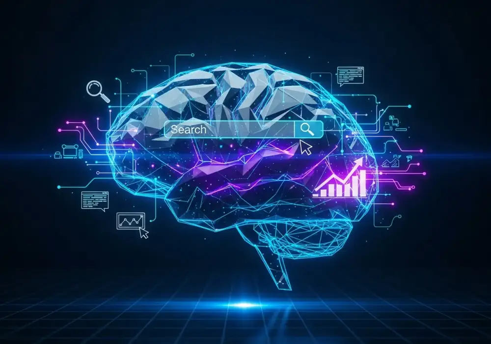 AI-powered answer engine optimization concept with digital brain and search icons