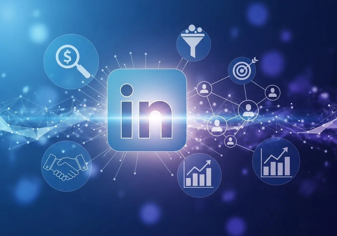 LinkedIn professional networking with B2B lead generation and business growth charts