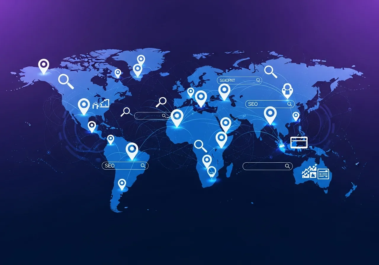 Global SEO map visualization with location pins showing geographic targeting strategies