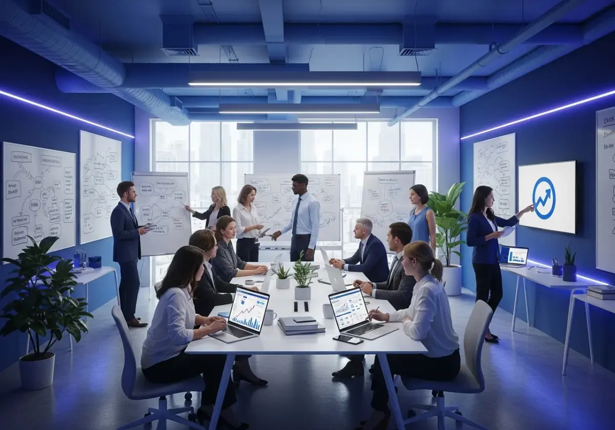 Professional SEO agency office with digital marketing team collaboration