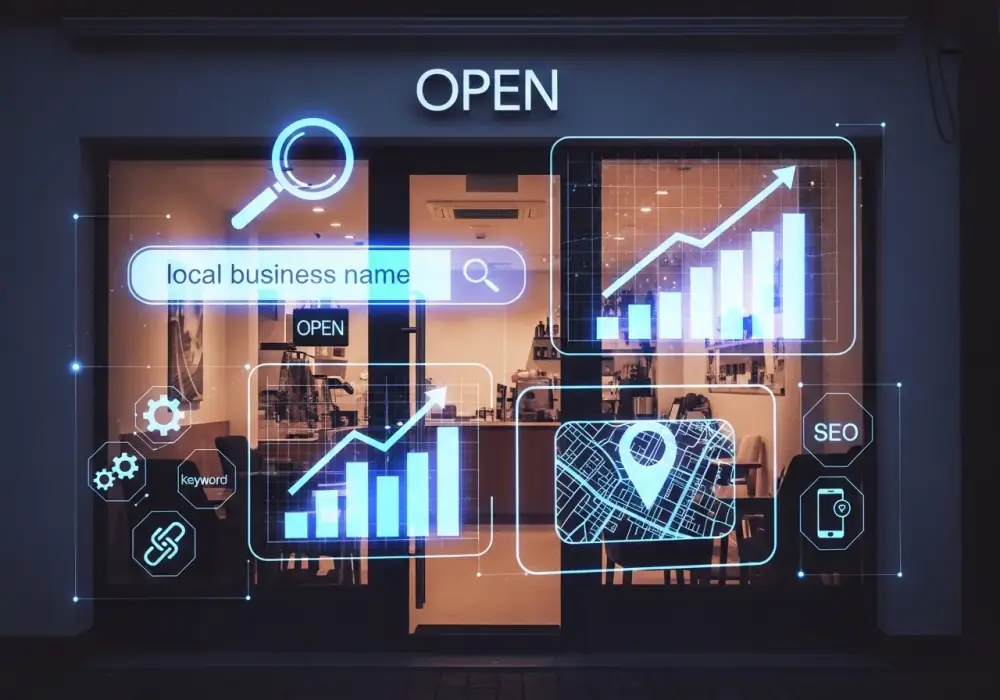 Small business storefront with digital SEO presence and local search visibility